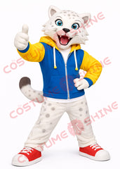 Adult White Wildcat Mascot Costume with Blue & Yellow Hoodie