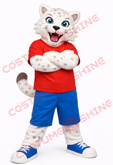 Adult White Wildcat Mascot Costume with Red Shirt & Blue Shorts