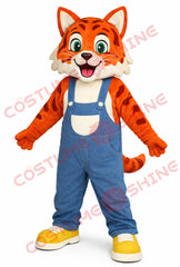 Adult Wildcat Mascot Costume with Denim Overalls