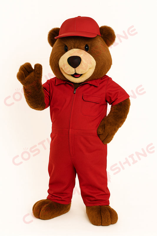 Bear Mascot Costume in Red Jumpsuit with Cap – Custom Plush Bear Suit for Schools, Sports Teams & Brand Promotions