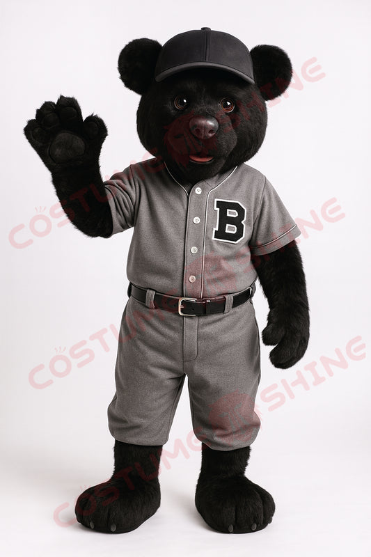 Black Bear Mascot Costume with Gray Baseball Uniform – Custom Team Sports Mascot Suit for Adults