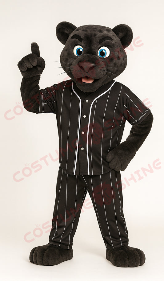 Black Panther Mascot Costume with Pinstripe Baseball Uniform – Custom Team Animal Suit for Events and Schools