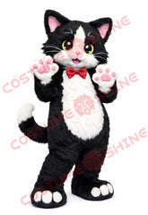 Tuxedo Cat Mascot Costume Adult Plush Black White with Red Bow Tie