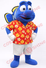Blue Fish Mascot Costume with Hawaiian Shirt for Adults