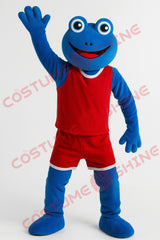 Blue Frog Mascot Costume in Red Basketball Uniform for Adults