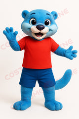 Blue Otter Mascot Costume in Red T-Shirt and Blue Shorts