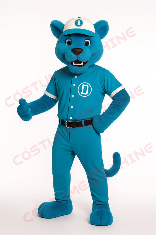 Blue Panther Mascot Costume with Baseball Uniform – Custom Sports Team Mascot Suit for School and Events