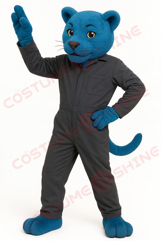 Blue Panther Mascot Costume – Custom Handmade Plush Suit with Gray Jumpsuit for School Team or Business Events