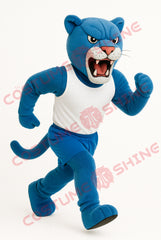 Blue Cougar Mascot Costume Running Pose – White Jersey & Blue Shorts