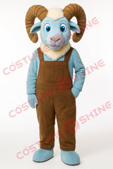 Blue Ram Mascot Costume with Brown Overalls – Soft Plush Animal Suit