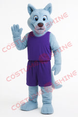 Light Blue Wolf Mascot Costume with Purple Sports Outfit for Teams