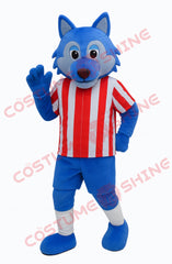 Blue Wolf Mascot Costume with Red and White Striped Sports Jersey