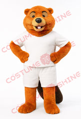 Orange Beaver Mascot Costume with White Outfit – Adult Plush Suit