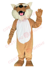 Brown Bobcat Mascot Costume with White Belly and Open Mouth