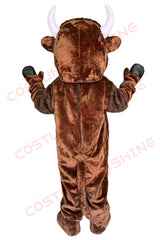 Cartoon Brown Bull Mascot Costume with Horns and Hoof Feet