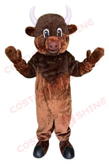 Cartoon Brown Bull Mascot Costume with Horns and Hoof Feet