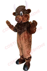 Cartoon Brown Bull Mascot Costume with Horns and Hoof Feet