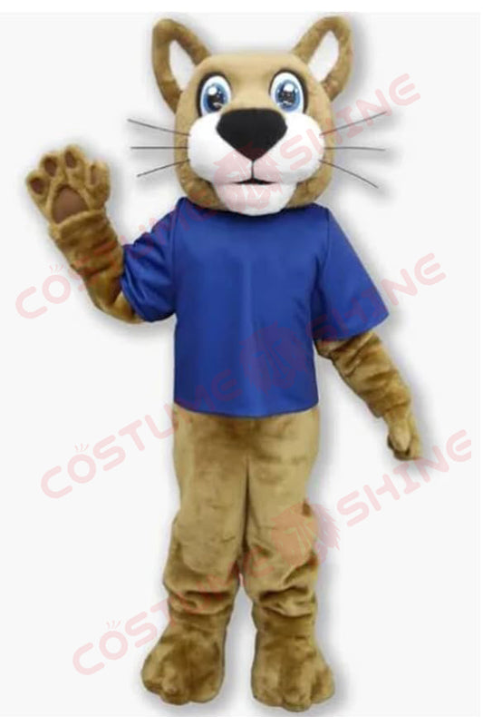 Brown Wildcat Mascot Costume for Adults with Blue Shirt – Custom School & Sports Spirit Animal Suit