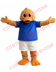 Brown Duck Mascot Costume Adult with Blue Shirt & White Shorts