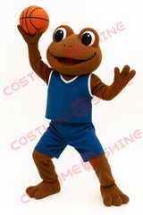 Brown Frog Mascot Costume in Blue Basketball Uniform for Adults