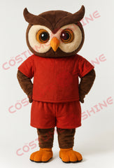 Brown Owl Mascot Costume in Red Outfit for Adults – Plush Full Body Suit