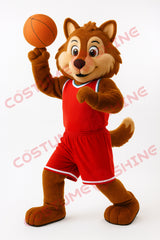 Brown Wolf Mascot Costume with Red Basketball Uniform and Ball