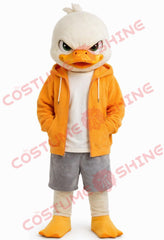 Casual Duck Mascot Costume Adult with Orange Hoodie & Gray Shorts