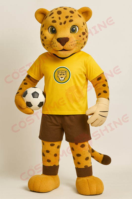 Cheetah Mascot Costume – Custom Handmade Plush Suit with Yellow Shirt & Brown Shorts for School Sports Events