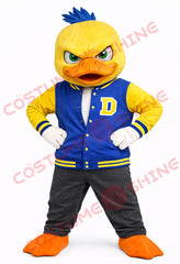 College Style Duck Mascot Costume Adult with Blue Varsity Jacket