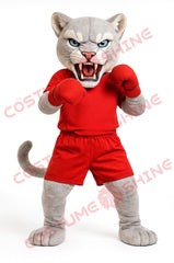 Gray Cougar Mascot Costume in Red Boxing Outfit – Fierce Plush Suit