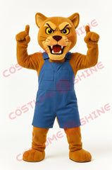 Orange Cougar Mascot Costume in Blue Overalls – Full Plush Suit