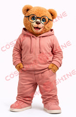 Cute Brown Bear Mascot Costume Adult Glasses Pink Hoodie Set