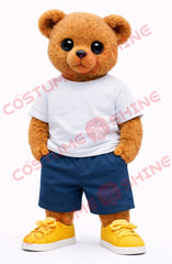 Cute Brown Bear Mascot Costume Adult White T-Shirt Blue Shorts