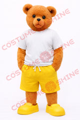Cute Brown Bear Mascot Costume Adult White T-Shirt Yellow Shorts