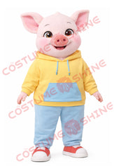 Cute Pig Mascot Costume Adult in Yellow Hoodie and Blue Jogger Pants