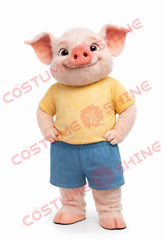 Cute Pig Mascot Costume Adult in Yellow T-Shirt and Denim Shorts