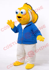 Yellow Clownfish Mascot Costume with Blue Jacket for Adults