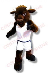 Dark Brown Bison Mascot Costume in White Sports Uniform