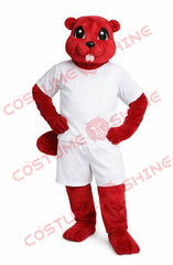 Deep Red Beaver Mascot Costume Adult White Shirt Shorts Outfit