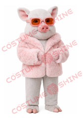 Luxury Pink Pig Mascot Costume with Fur Coat and Sunglasses