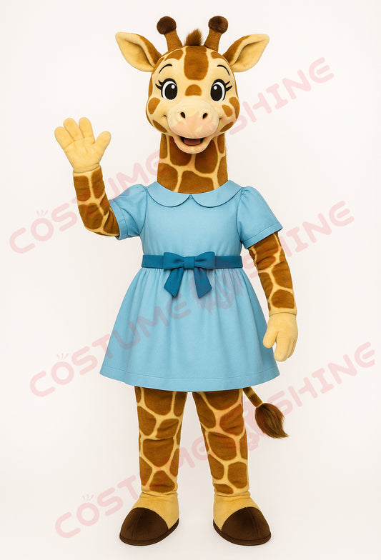 Giraffe Mascot Costume in Blue Dress – Cute Plush Animal Suit for School or Event