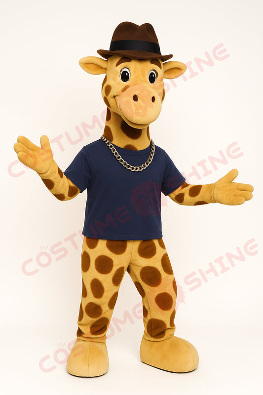 Giraffe Mascot Costume with Brown Hat and Blue Shirt – Custom Plush Animal Suit for Events