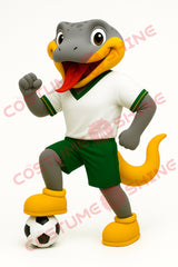 Gray and Yellow Snake Mascot Costume in Green Soccer Uniform