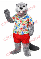 Gray Beaver Mascot Costume Floral Shirt Red Shorts Adult Outfit