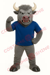 Gray Buffalo Mascot Costume with Blue Shirt for School Spirit & Events