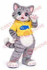 Grey Cat Mascot Costume Adult Plush with Yellow Hoodie Outfit