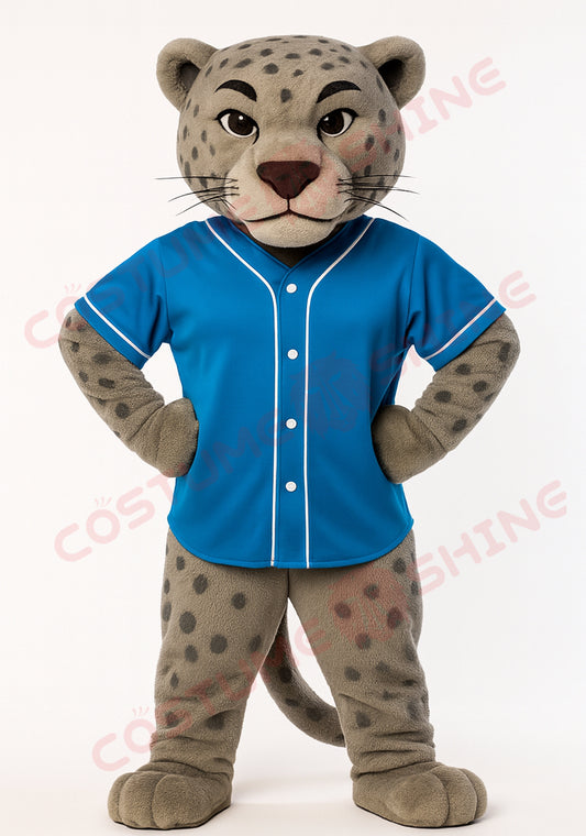 Gray Leopard Mascot Costume with Blue Baseball Jersey – Custom Team Animal Mascot Suit for Schools and Events