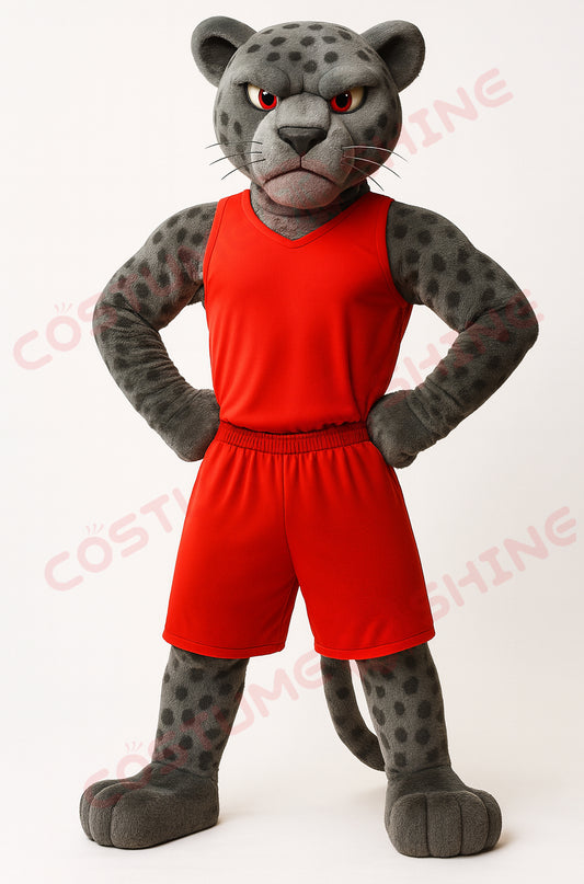 Gray Leopard Mascot Costume in Red Basketball Uniform | Custom Panther Mascot Suit for Schools and Sports Teams