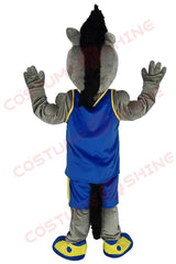 Gray Mustang Horse Mascot Costume in Blue and Yellow Sports Uniform