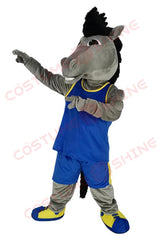 Gray Mustang Horse Mascot Costume in Blue and Yellow Sports Uniform